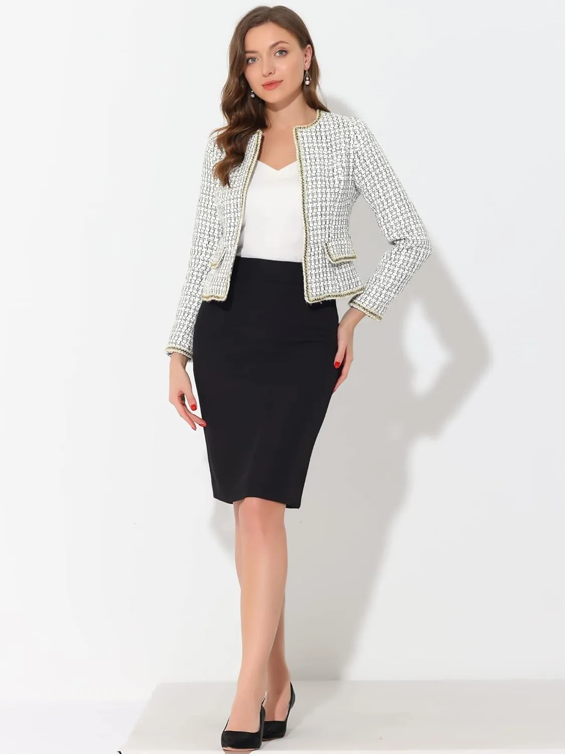 Allegra K Women's Christmas Plaid Tweed Blazer Long Sleeve Open Front Work Office Short Jacket