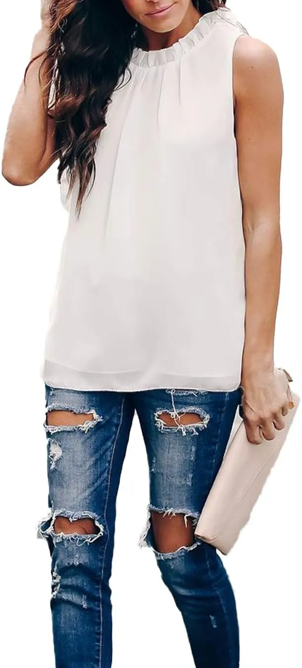 Allimy Women Summer Ruffle Trim Neckline Tank Tops Double Lined Chiffon Blouses
