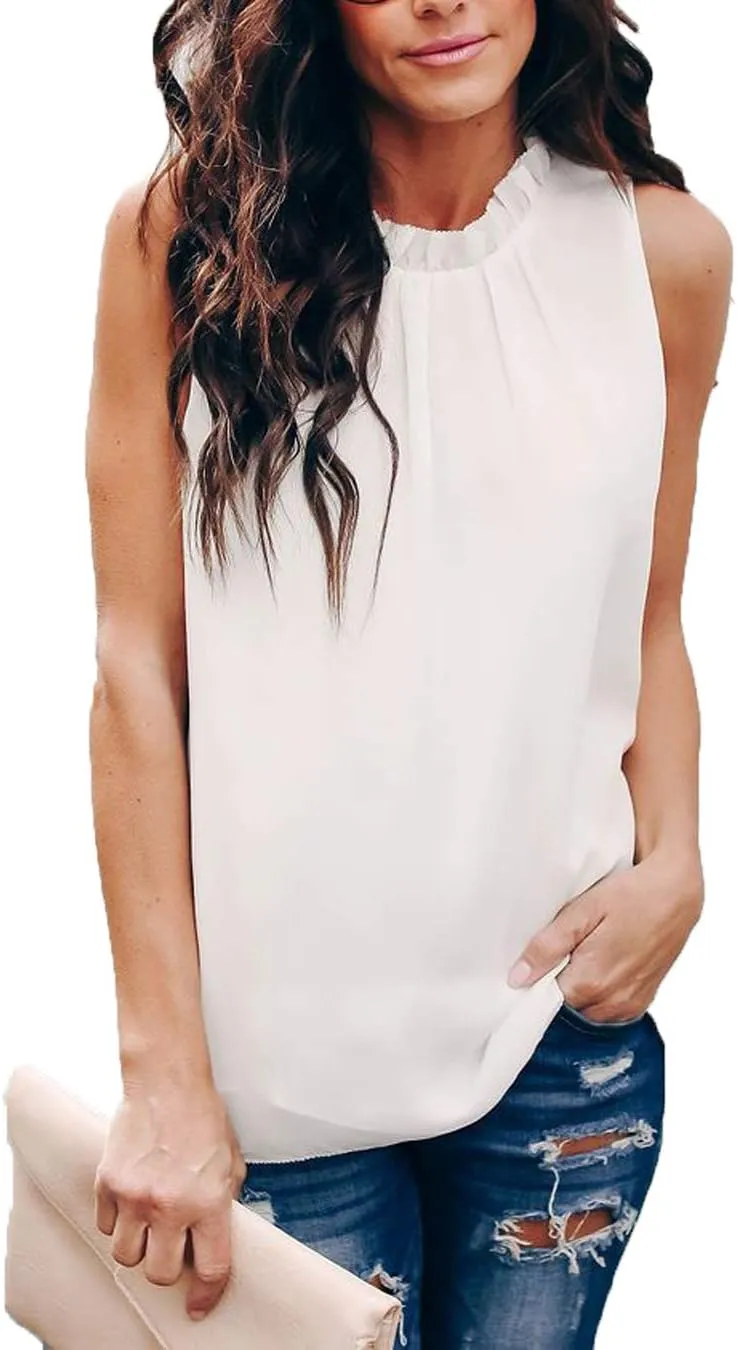 Allimy Women Summer Ruffle Trim Neckline Tank Tops Double Lined Chiffon Blouses