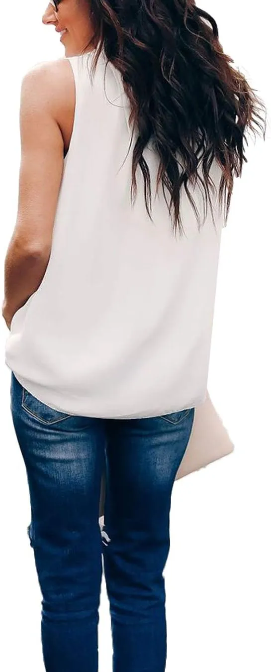 Allimy Women Summer Ruffle Trim Neckline Tank Tops Double Lined Chiffon Blouses