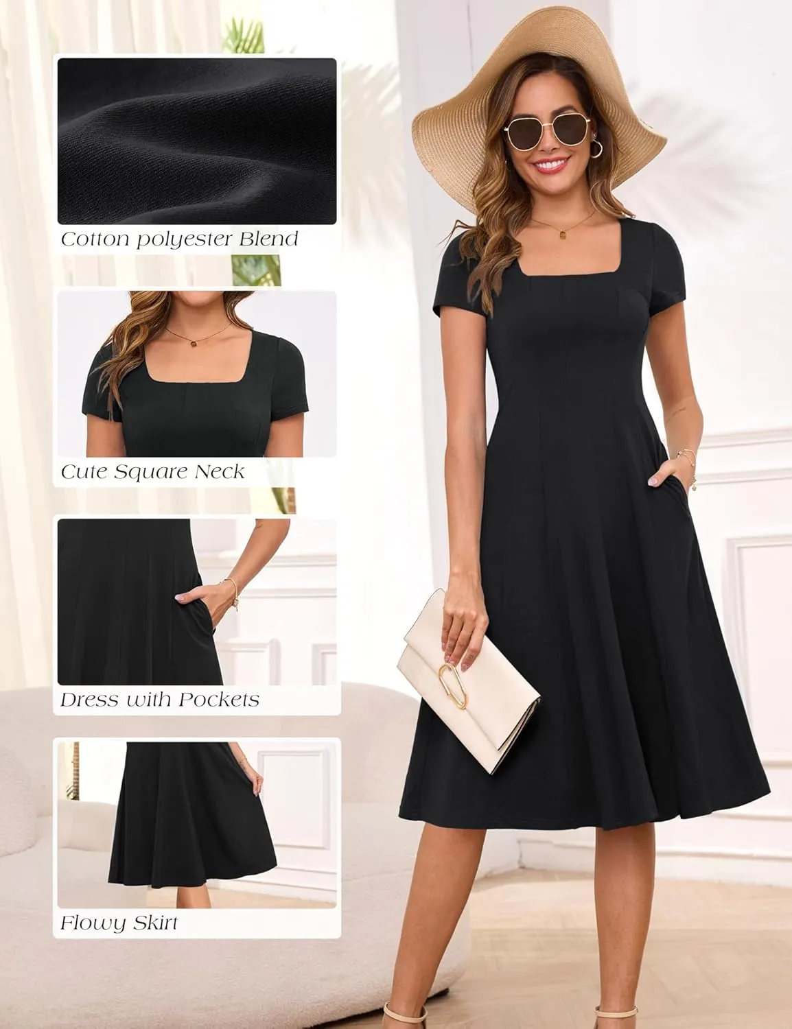 Annebouti Womens Spring Summer 2025 A-Line Square Neck Short Sleeve Semi-Formal Casual Work Midi Dress with Pockets