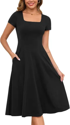 Annebouti Womens Spring Summer 2025 A-Line Square Neck Short Sleeve Semi-Formal Casual Work Midi Dress with Pockets