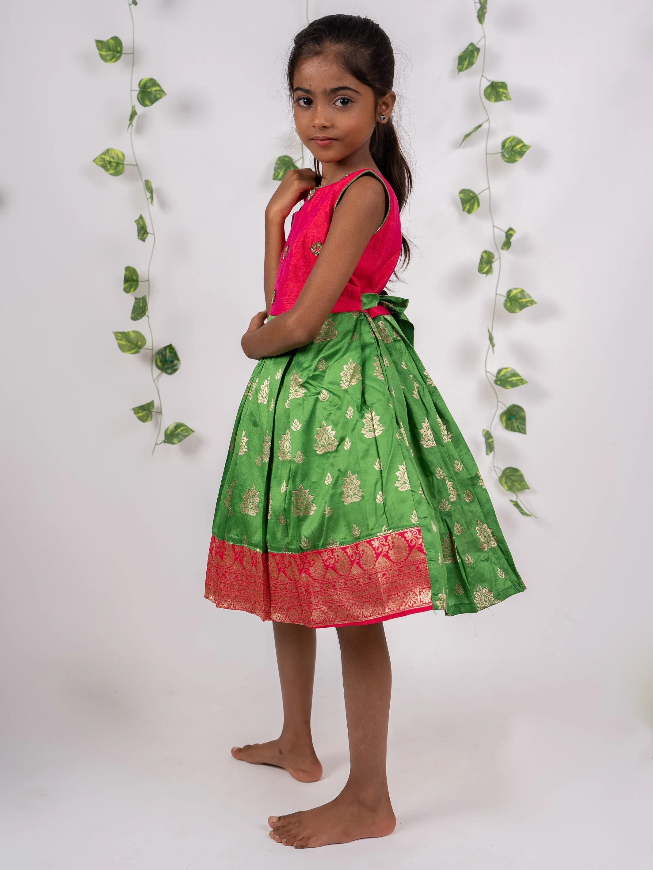 Banarsai Silk Frock with Hand Embroidered Yoke for Kids Girls