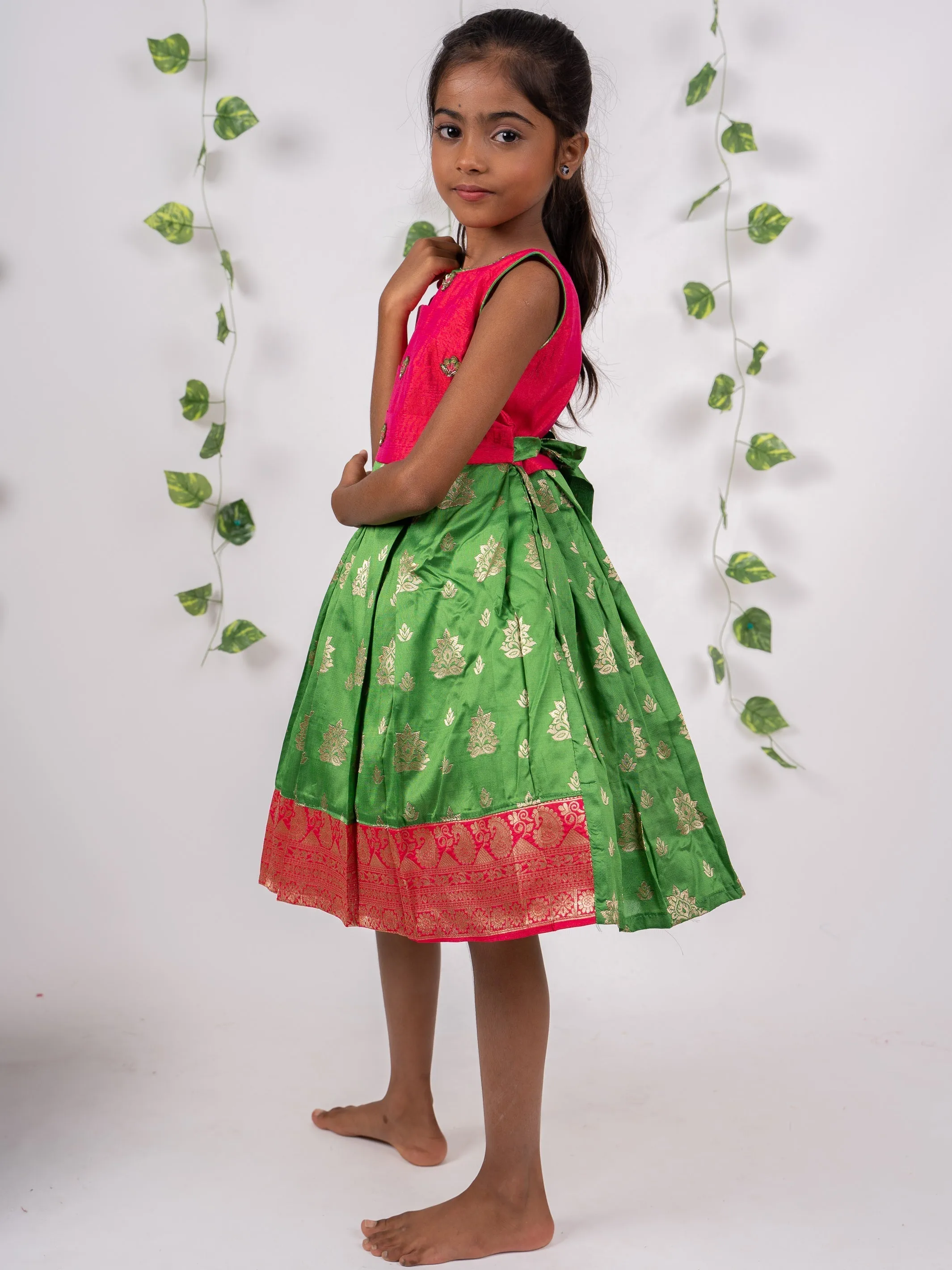 Banarsai Silk Frock with Hand Embroidered Yoke for Kids Girls