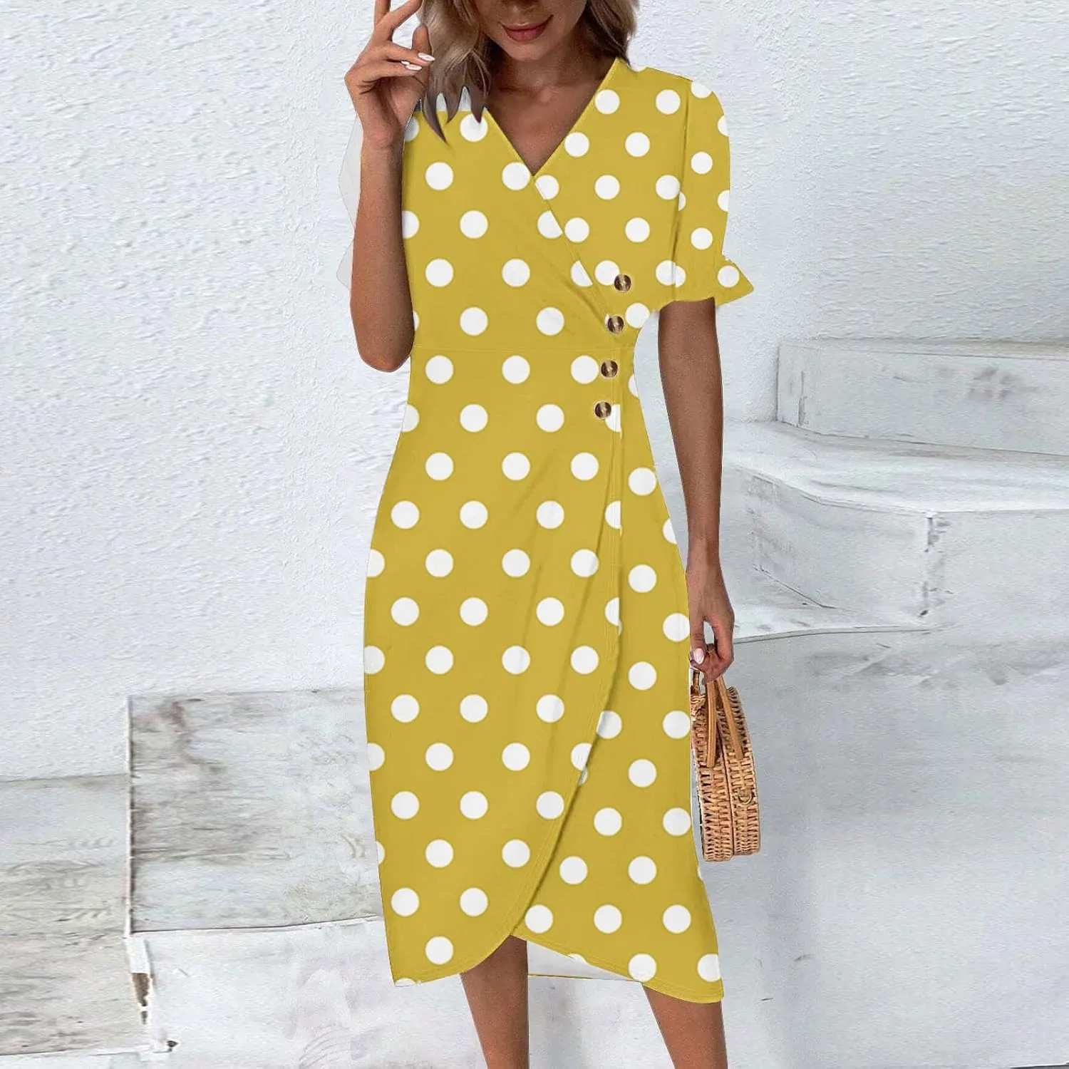 Beach Dresses for Women 2025 Spring Trendy Floral Boho Elegant V Neck Short Sleeve Irregular Hem Midi Dress