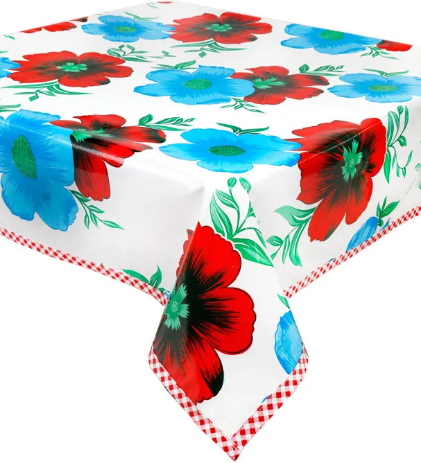 Big Flowers on White Oilcloth Tablecloths