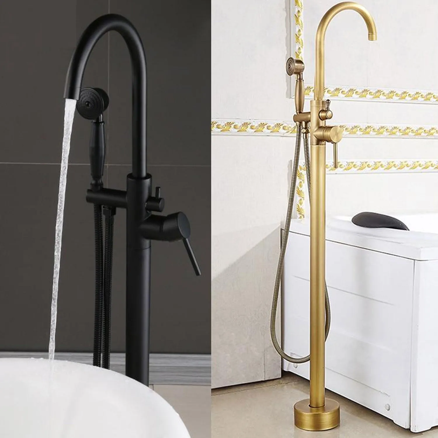 Black & Bronze Floor Standing Bathtub Tap