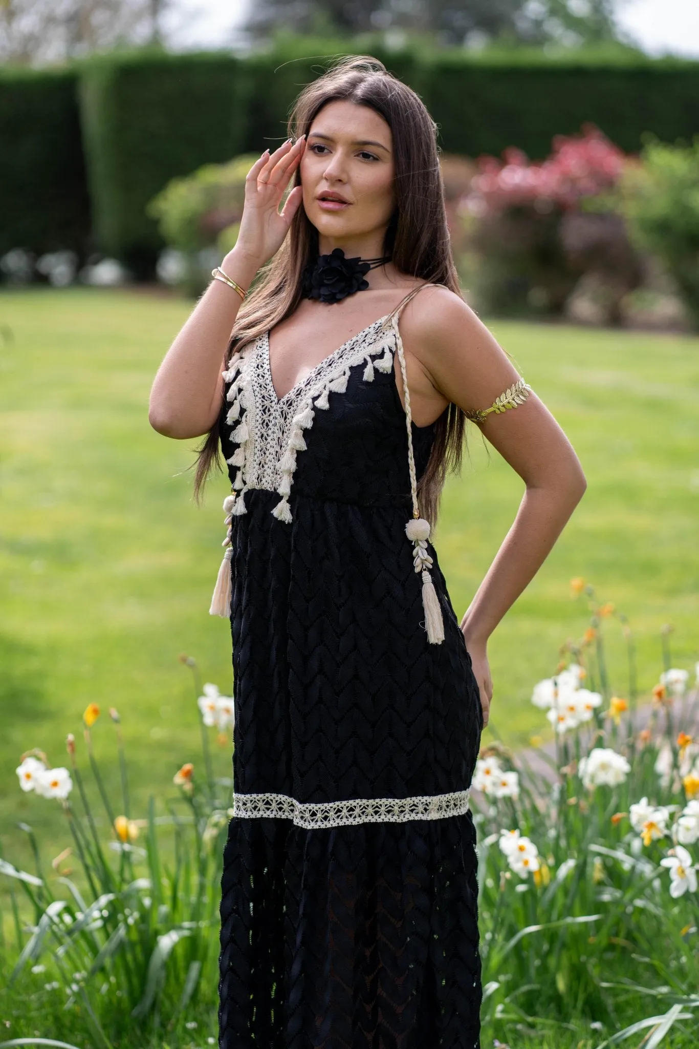 Black Boho Tassel Maxi Dress