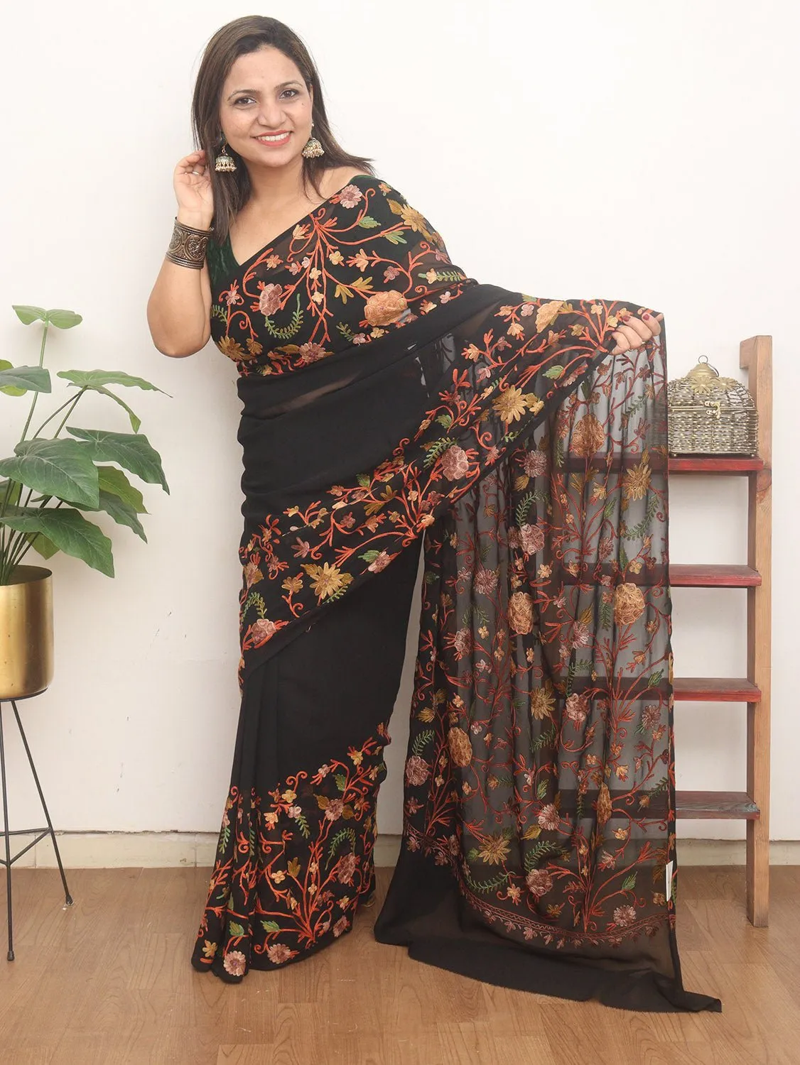 Black Embroidered Kashmiri Aari Work Georgette Saree