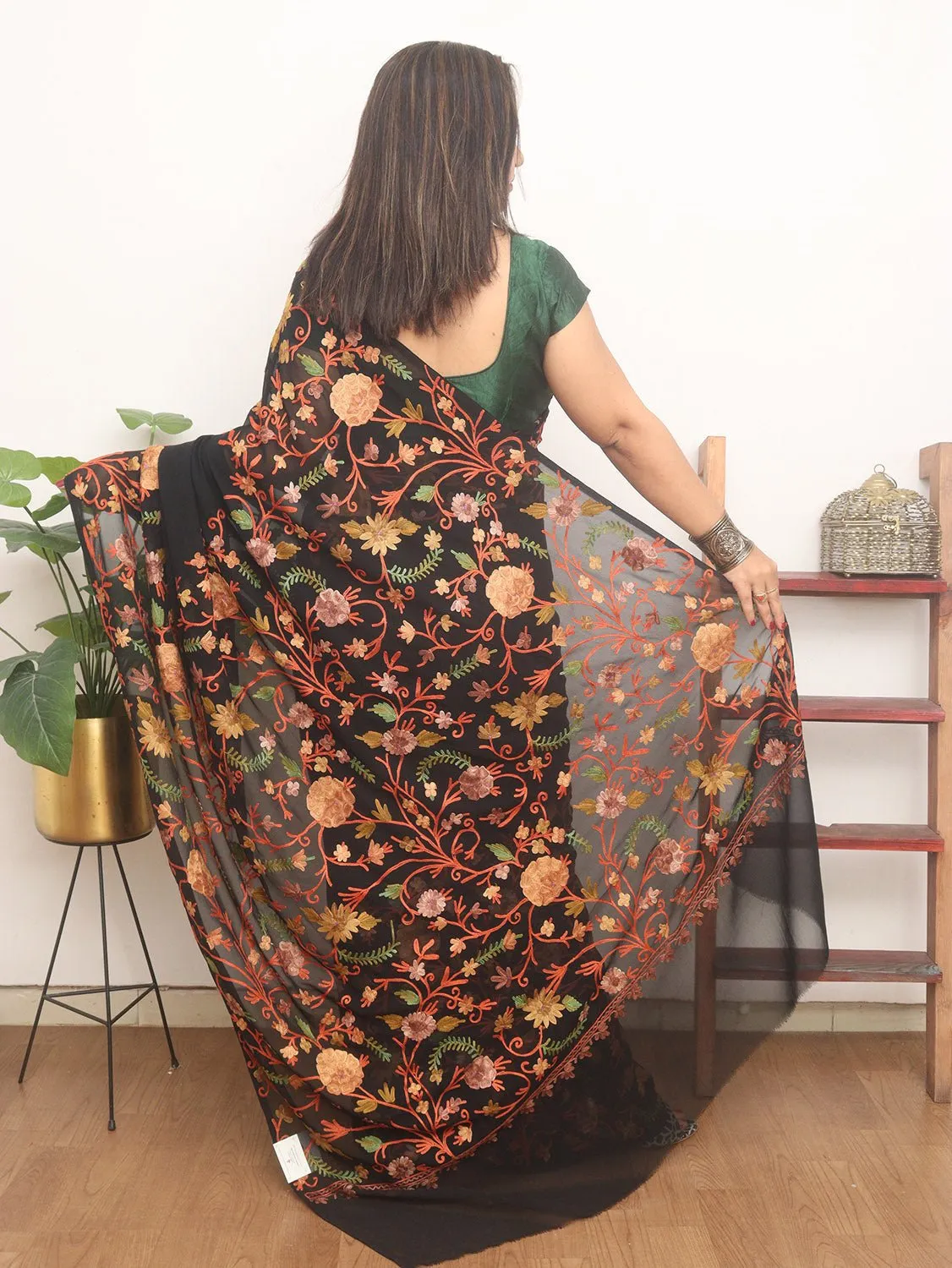 Black Embroidered Kashmiri Aari Work Georgette Saree