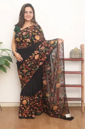 Black Embroidered Kashmiri Aari Work Georgette Saree