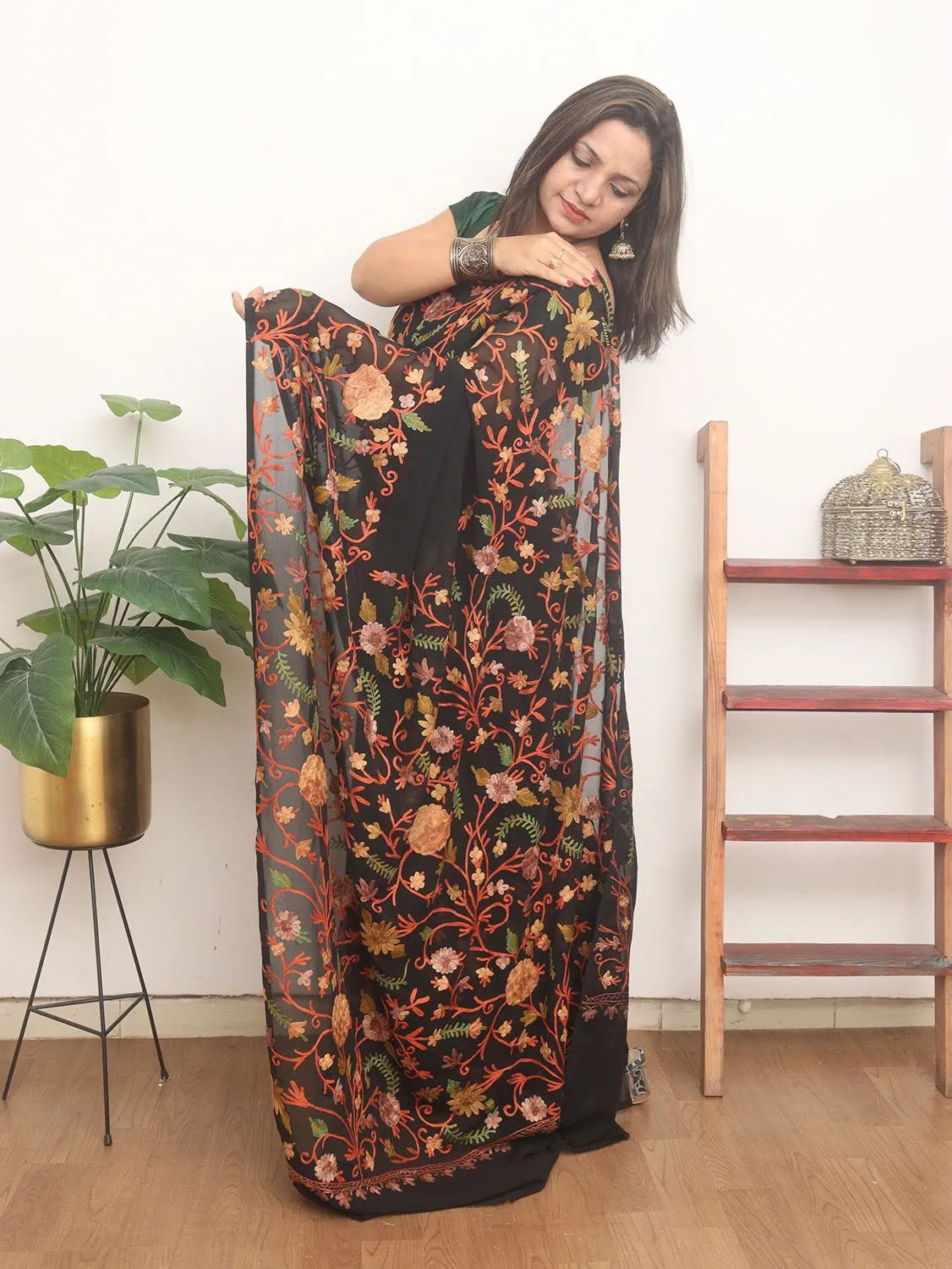 Black Embroidered Kashmiri Aari Work Georgette Saree