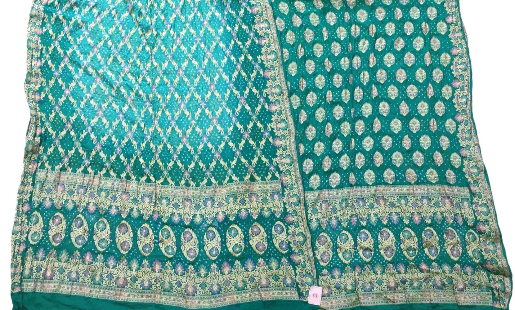 Blue And Green Banarasi Bandhani Pure Georgette Three Piece Unstitched Suit Set
