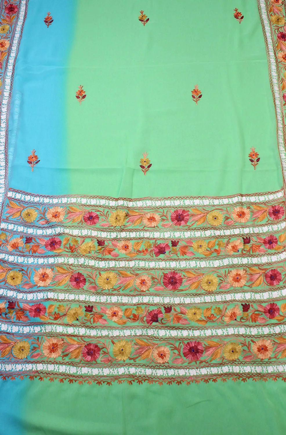 Blue And Green Embroidered Kashmiri Aari Work Georgette Saree
