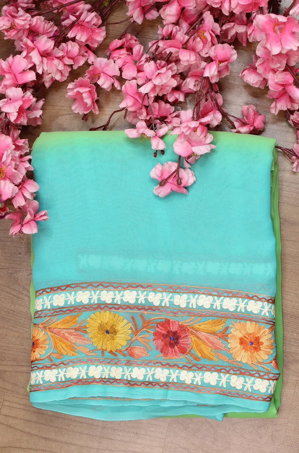 Blue And Green Embroidered Kashmiri Aari Work Georgette Saree