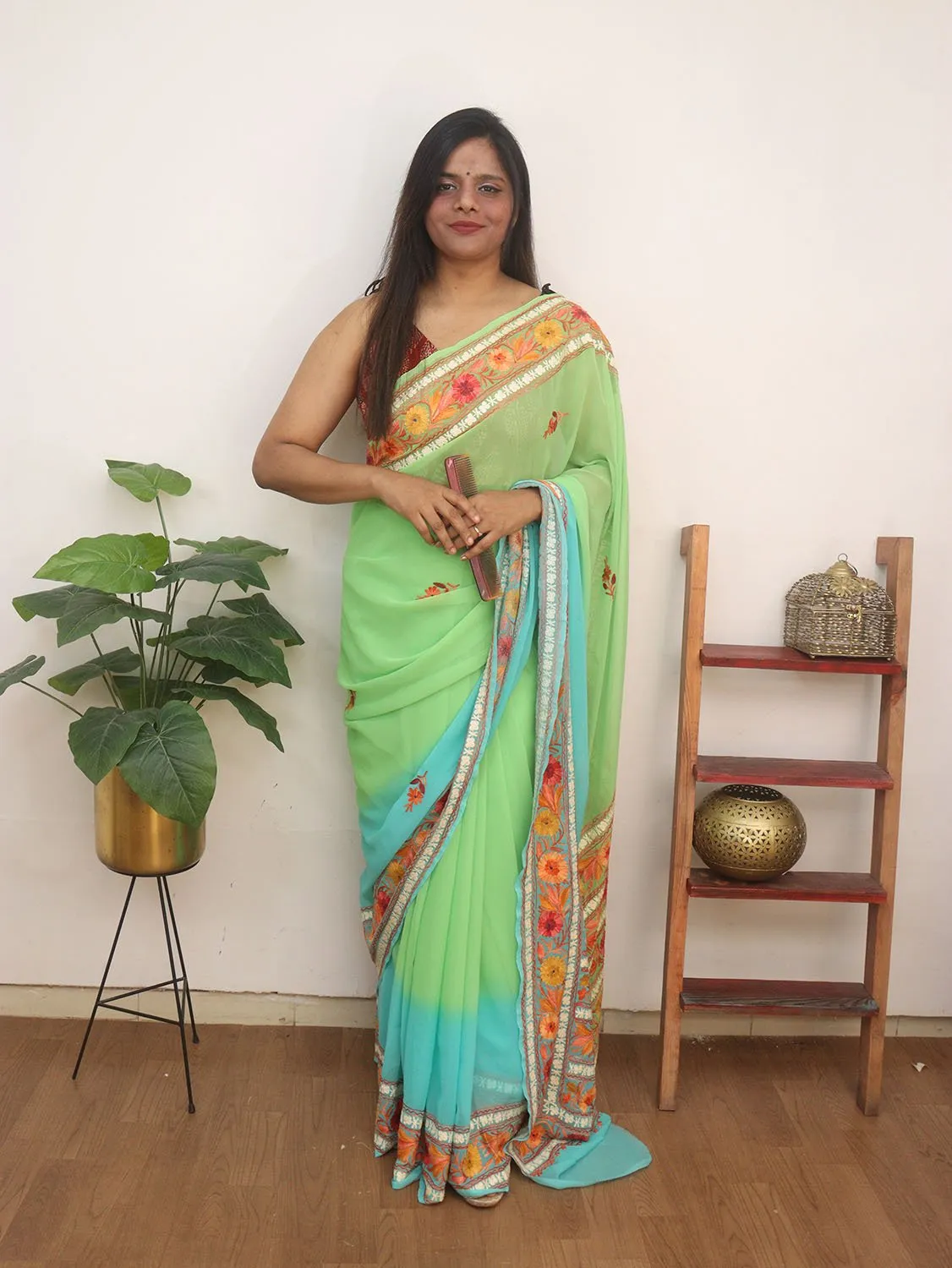 Blue And Green Embroidered Kashmiri Aari Work Georgette Saree