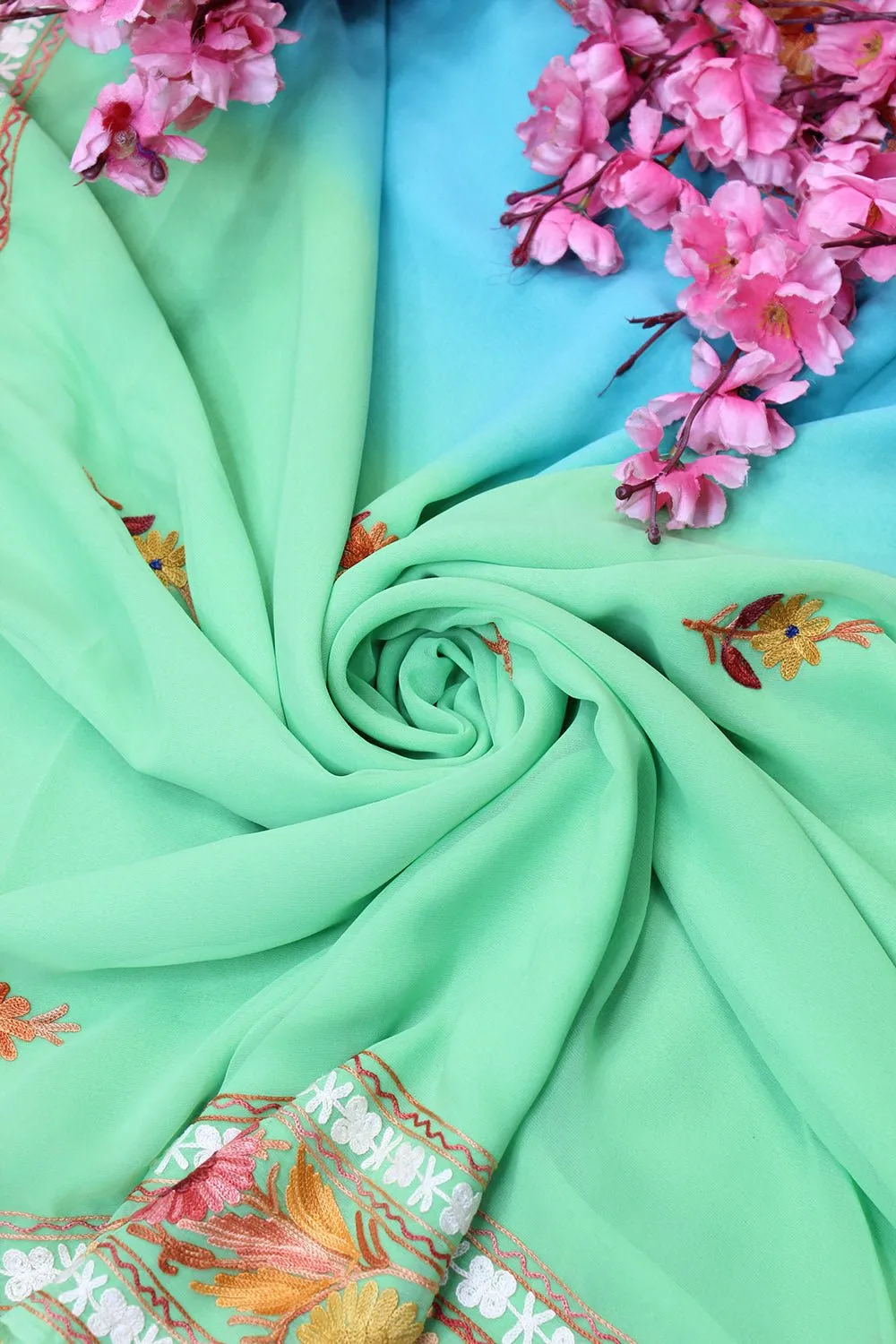 Blue And Green Embroidered Kashmiri Aari Work Georgette Saree