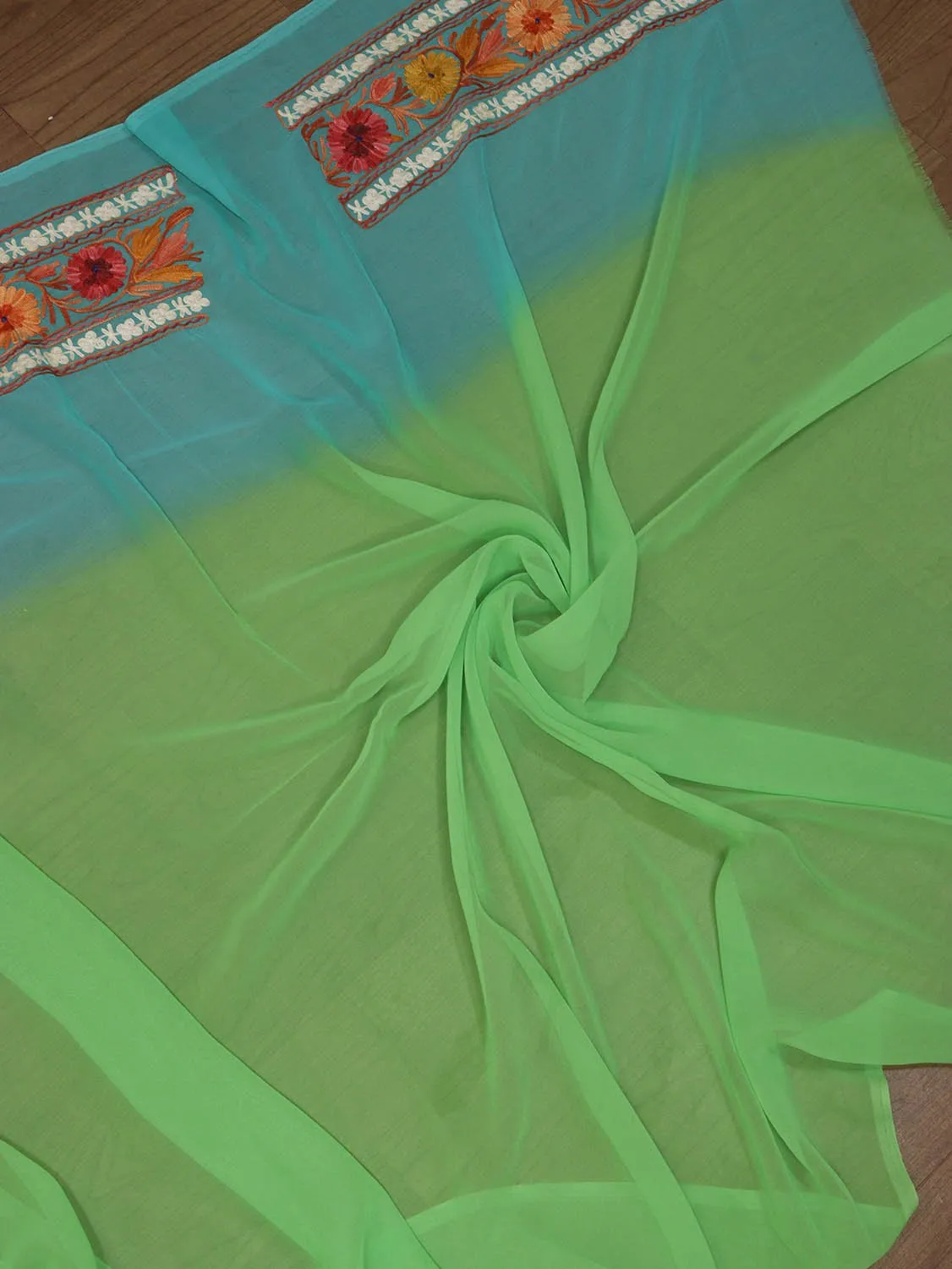 Blue And Green Embroidered Kashmiri Aari Work Georgette Saree
