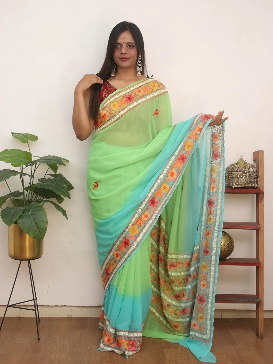 Blue And Green Embroidered Kashmiri Aari Work Georgette Saree