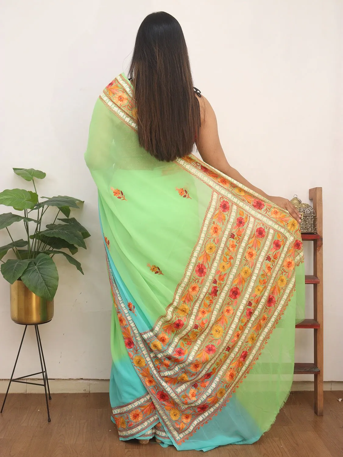 Blue And Green Embroidered Kashmiri Aari Work Georgette Saree