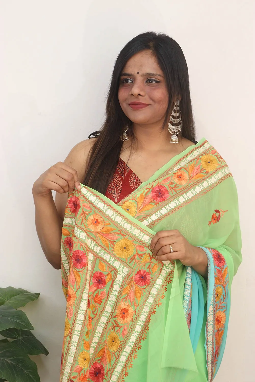 Blue And Green Embroidered Kashmiri Aari Work Georgette Saree
