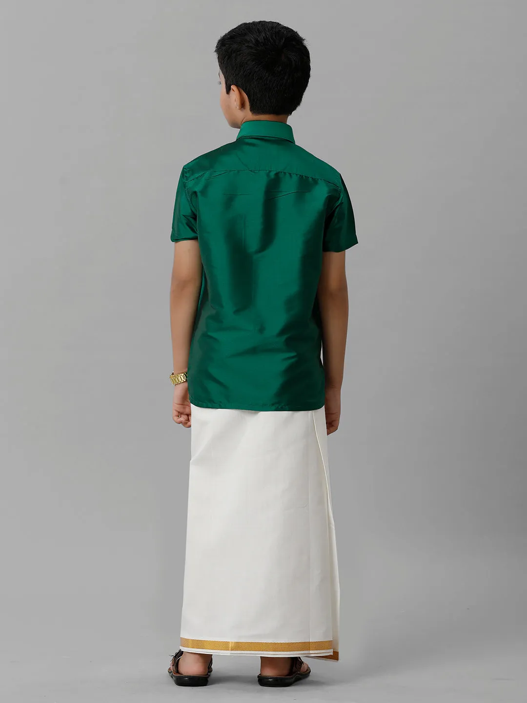 Boys Silk Cotton Green Half Sleeves Shirt with Adjustable Cream Dhoti Combo K9
