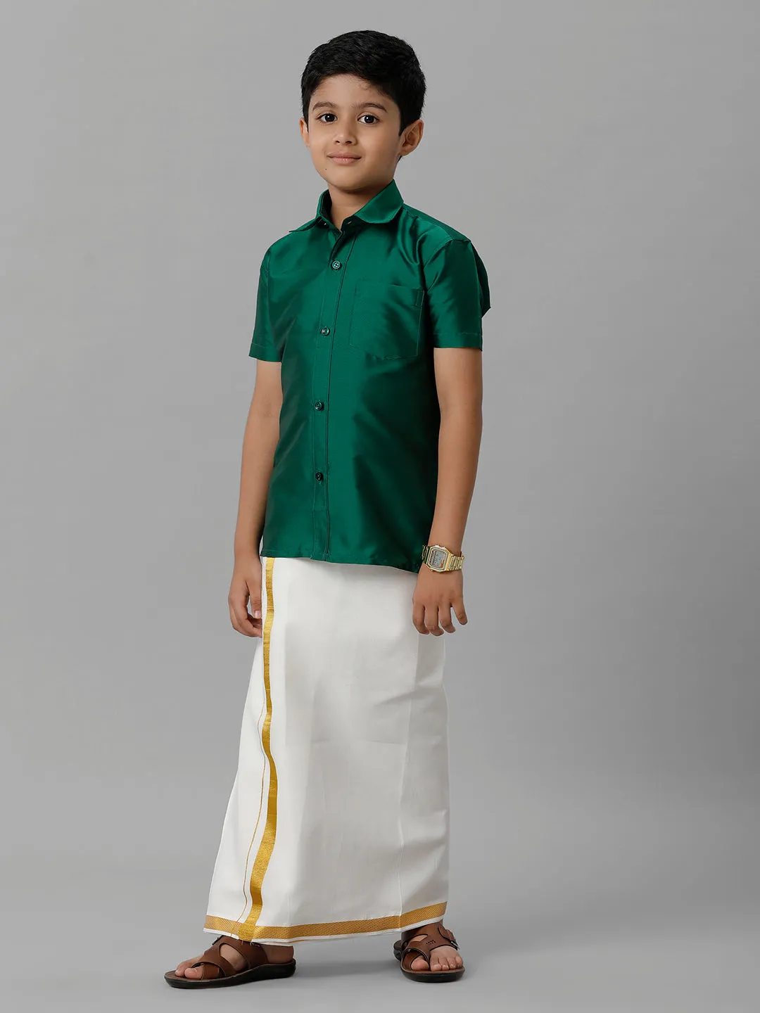Boys Silk Cotton Green Half Sleeves Shirt with Adjustable Cream Dhoti Combo K9
