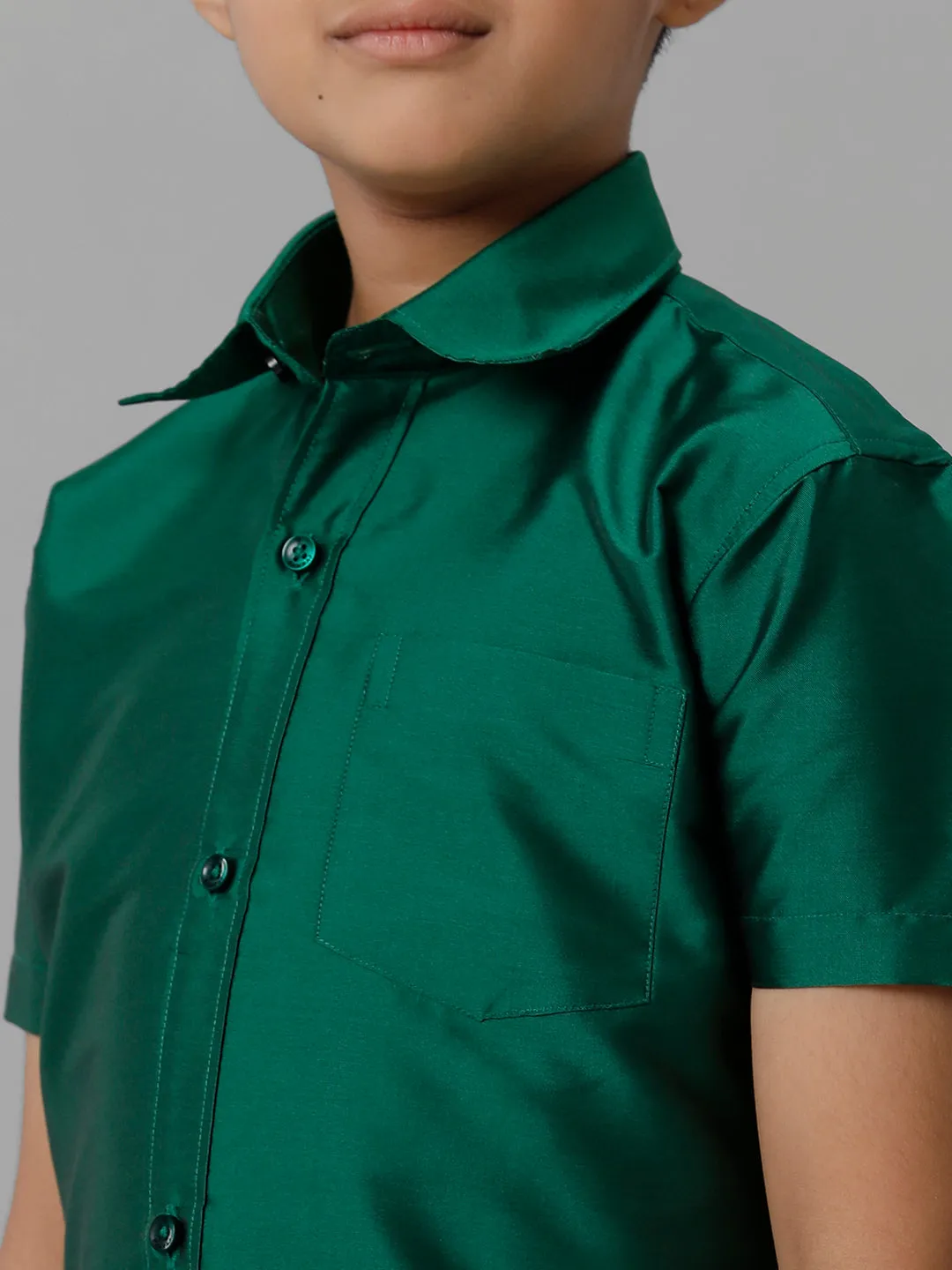 Boys Silk Cotton Green Half Sleeves Shirt with Adjustable Cream Dhoti Combo K9