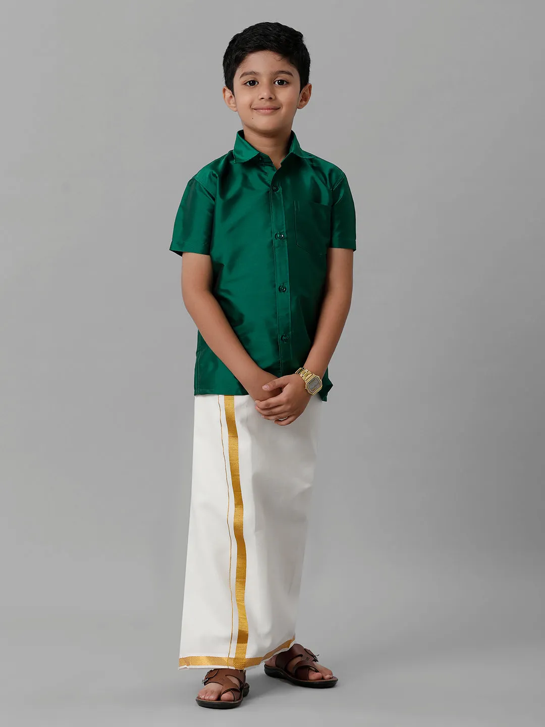 Boys Silk Cotton Green Half Sleeves Shirt with Adjustable Cream Dhoti Combo K9