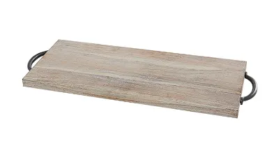 BROWN WOOD TRAY WITH BLACK METAL HANDLES, 28" X 10" X 2"