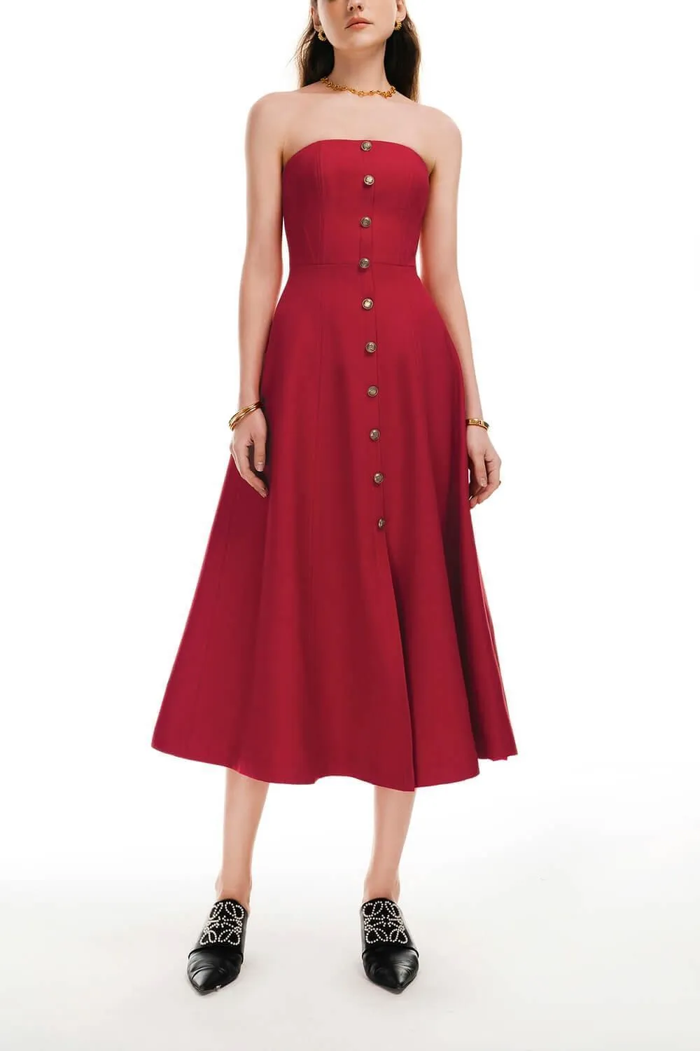 Butter Strapless Straight Across Neck Cotton Midi Dress