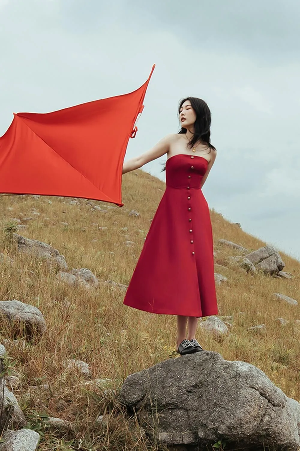 Butter Strapless Straight Across Neck Cotton Midi Dress