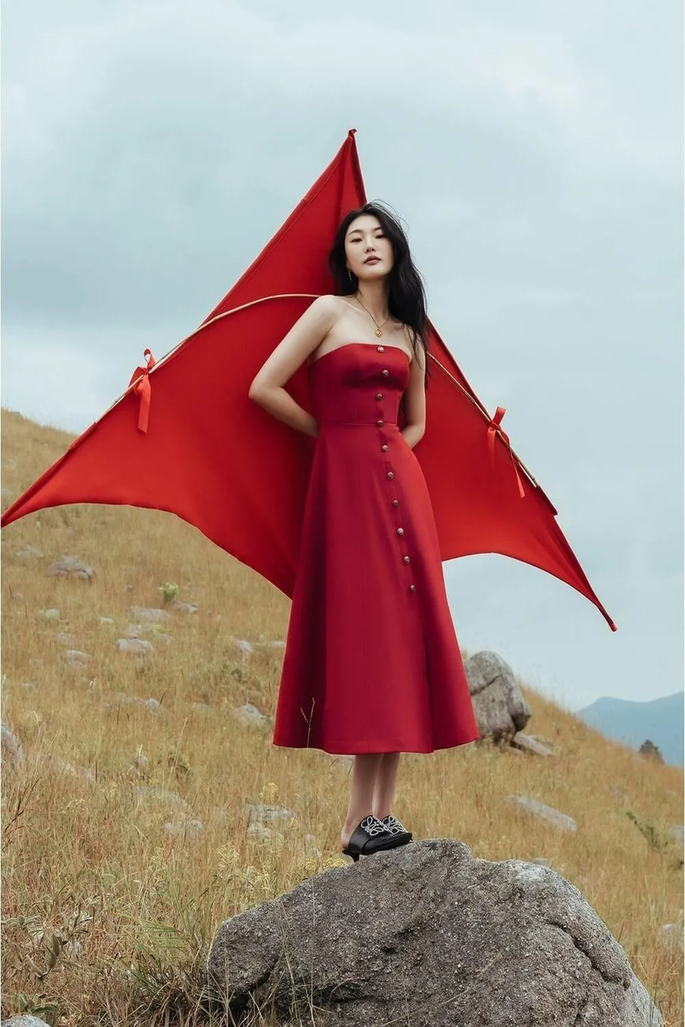 Butter Strapless Straight Across Neck Cotton Midi Dress