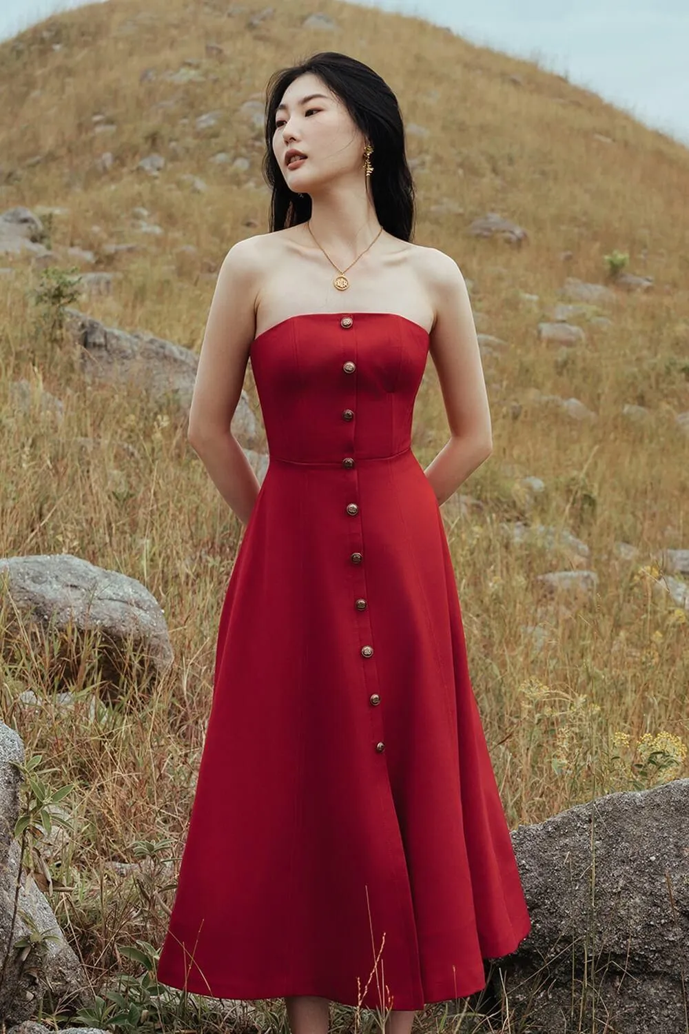 Butter Strapless Straight Across Neck Cotton Midi Dress