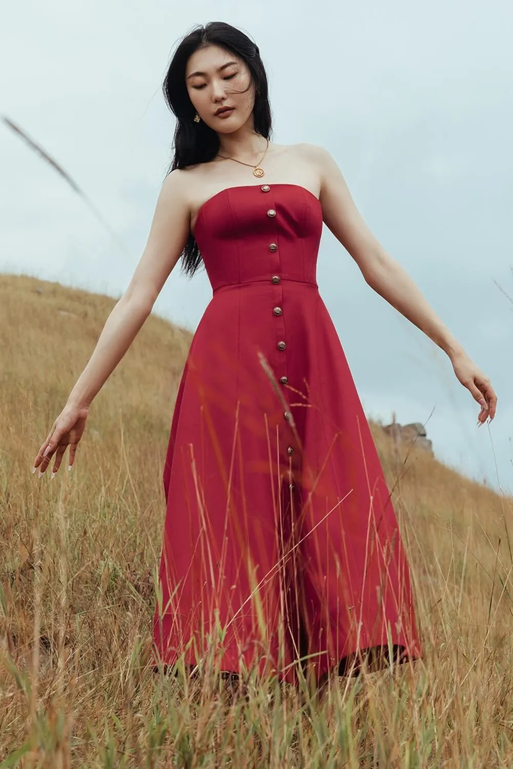 Butter Strapless Straight Across Neck Cotton Midi Dress