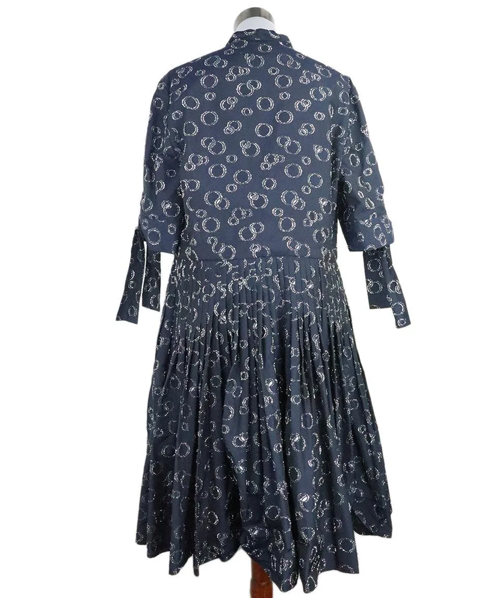 Carolina Herrera Navy & Silver Silk Dress sz 16