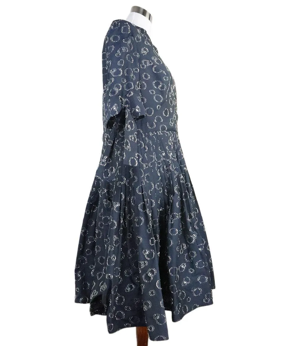 Carolina Herrera Navy & Silver Silk Dress sz 16