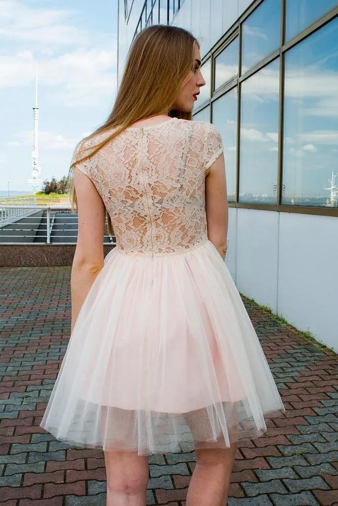 Charming Cap Sleeves Lace Top Tulle A Line Short Homecoming Dress, BTW283