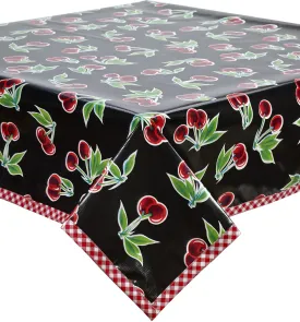 Cherry Black Oilcloth Tablecloths with Red Gingham Trim