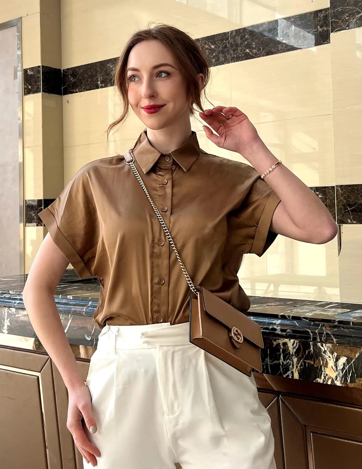 Chigant Silk Button Down Shirts Short Sleeve V-Neck Satin Blouse Office Tunic Top for Women