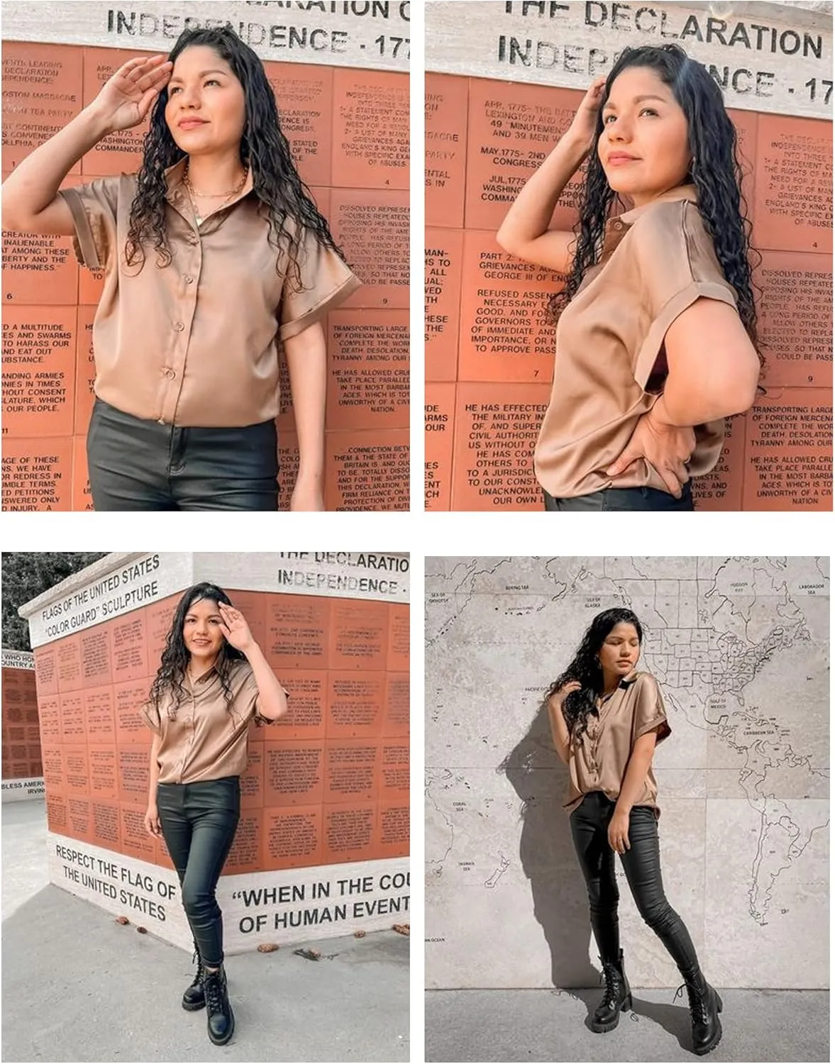 Chigant Silk Button Down Shirts Short Sleeve V-Neck Satin Blouse Office Tunic Top for Women