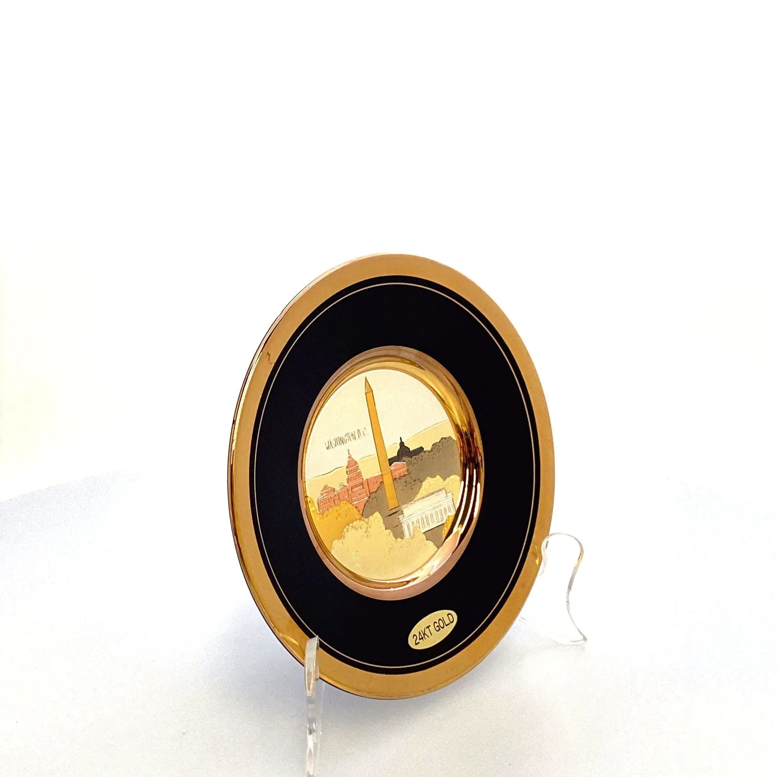 Chokin Souvenir Collectors Plate “Washington, D.C.” 24k Gold Trim Black 5”