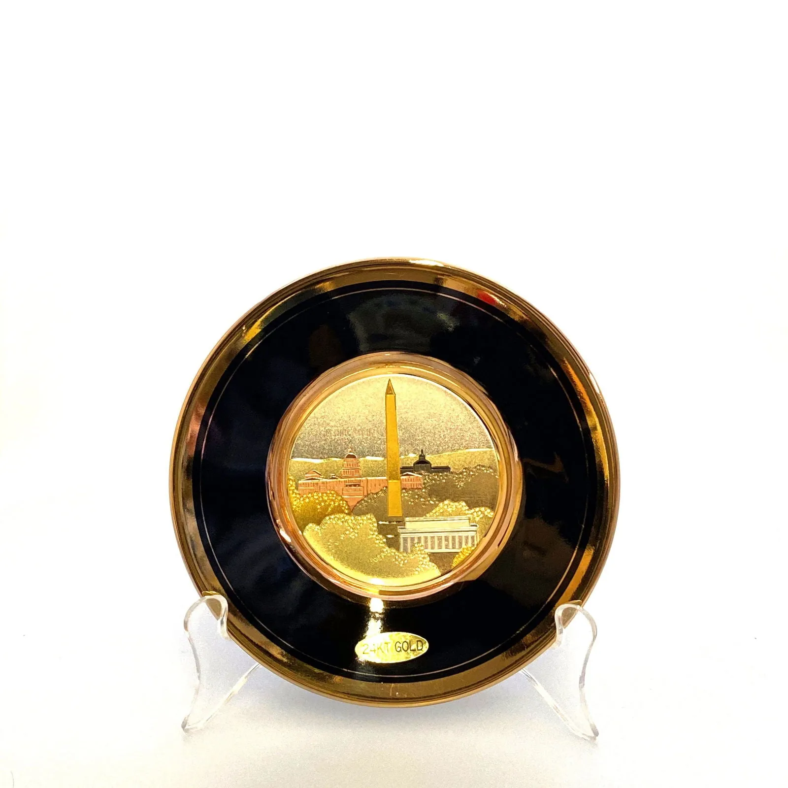 Chokin Souvenir Collectors Plate “Washington, D.C.” 24k Gold Trim Black 5”