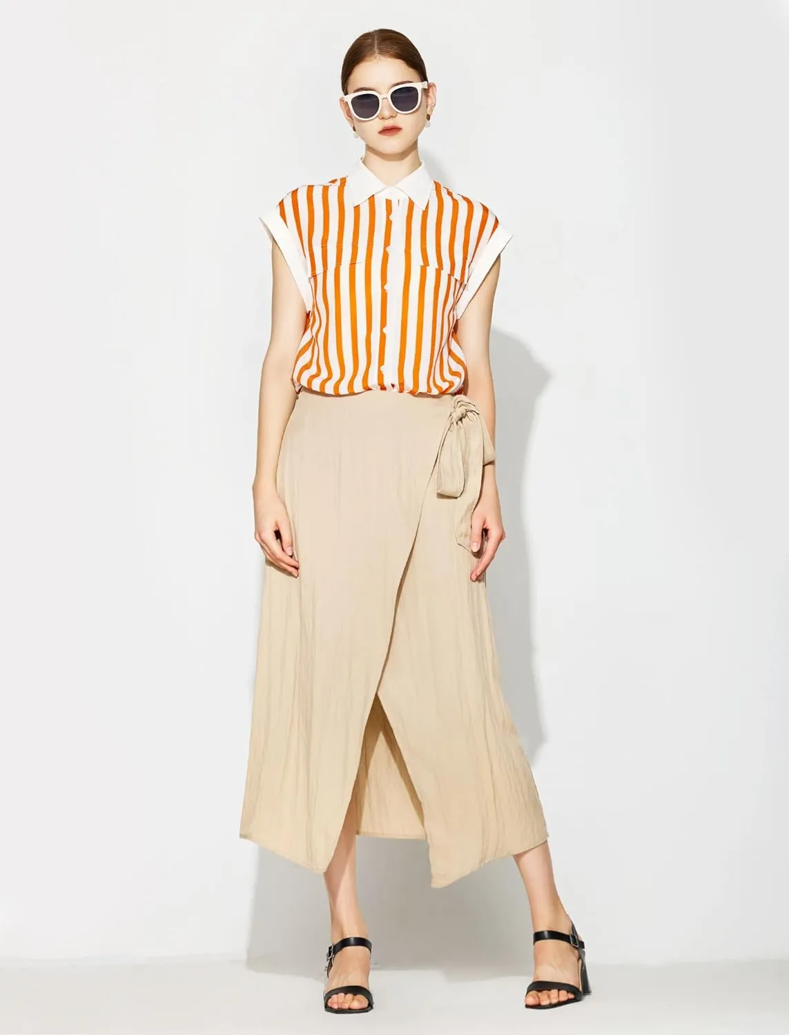 COLD POSH 100% Pure Mulberry Silk Blouse for Women Orange-White Striped Button Down Sleeveless Shirt for Work Casual
