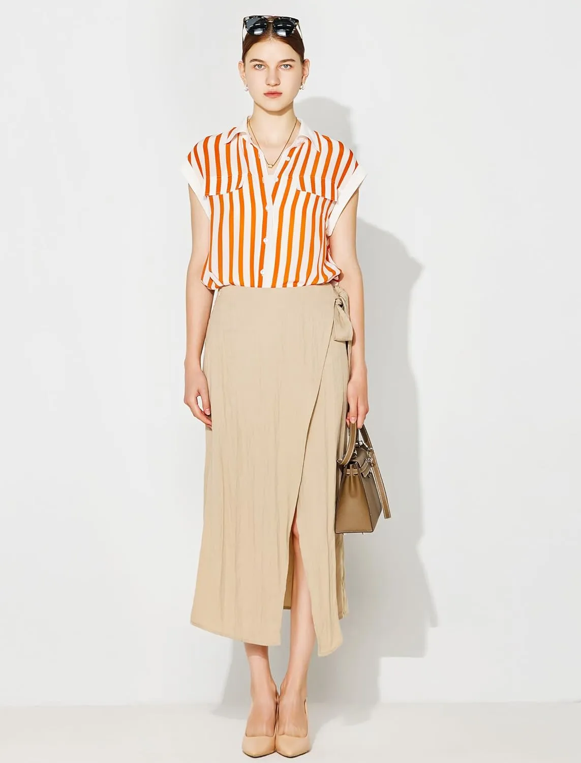 COLD POSH 100% Pure Mulberry Silk Blouse for Women Orange-White Striped Button Down Sleeveless Shirt for Work Casual
