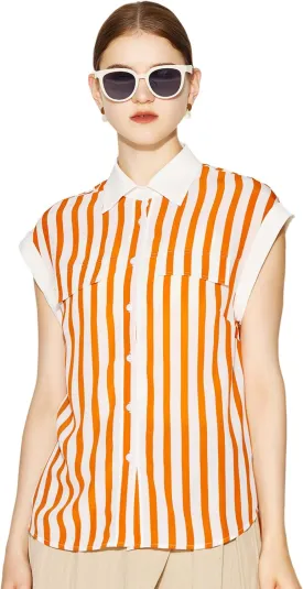 COLD POSH 100% Pure Mulberry Silk Blouse for Women Orange-White Striped Button Down Sleeveless Shirt for Work Casual