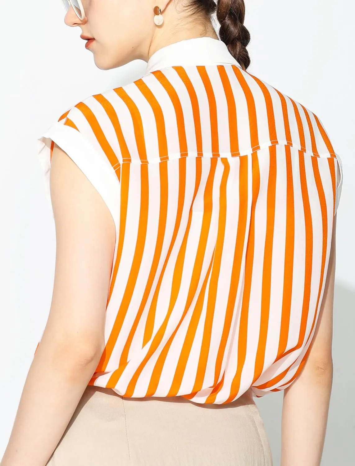 COLD POSH 100% Pure Mulberry Silk Blouse for Women Orange-White Striped Button Down Sleeveless Shirt for Work Casual