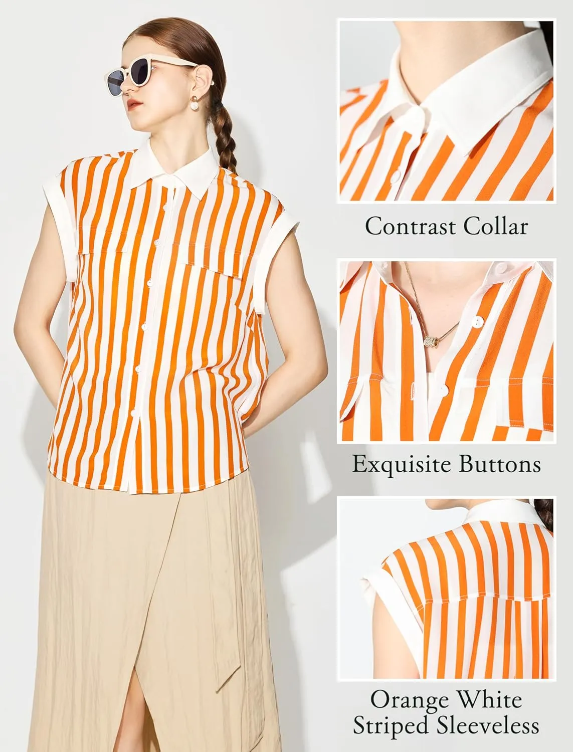 COLD POSH 100% Pure Mulberry Silk Blouse for Women Orange-White Striped Button Down Sleeveless Shirt for Work Casual