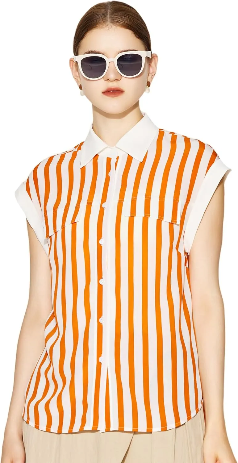 COLD POSH 100% Pure Mulberry Silk Blouse for Women Orange-White Striped Button Down Sleeveless Shirt for Work Casual