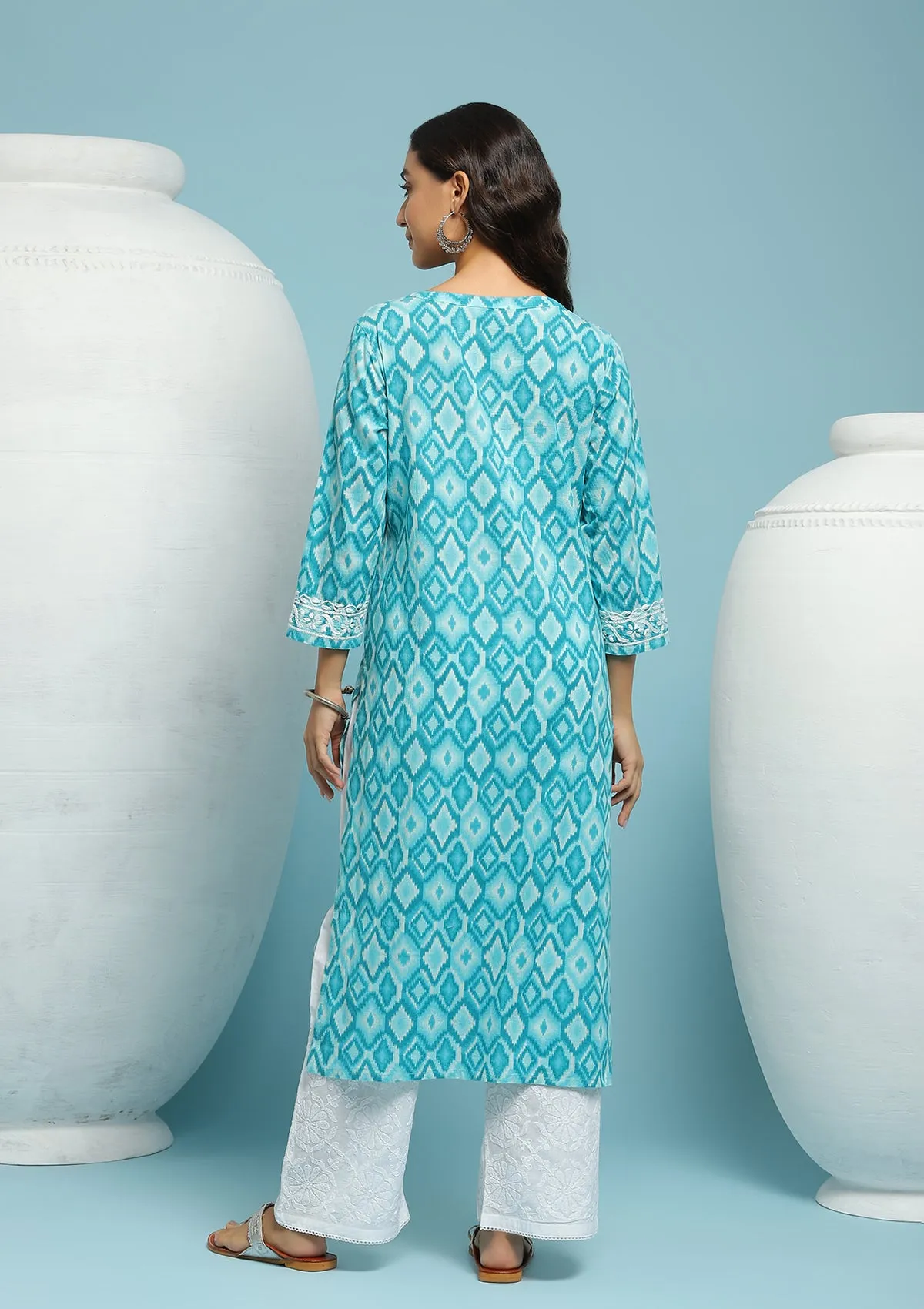 Cotton Chikankari Ikkat Printed Women's Long Kurta - Blue
